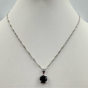 Black Stone Solitaire Pendant Necklace Silver Plated Rope Chain
